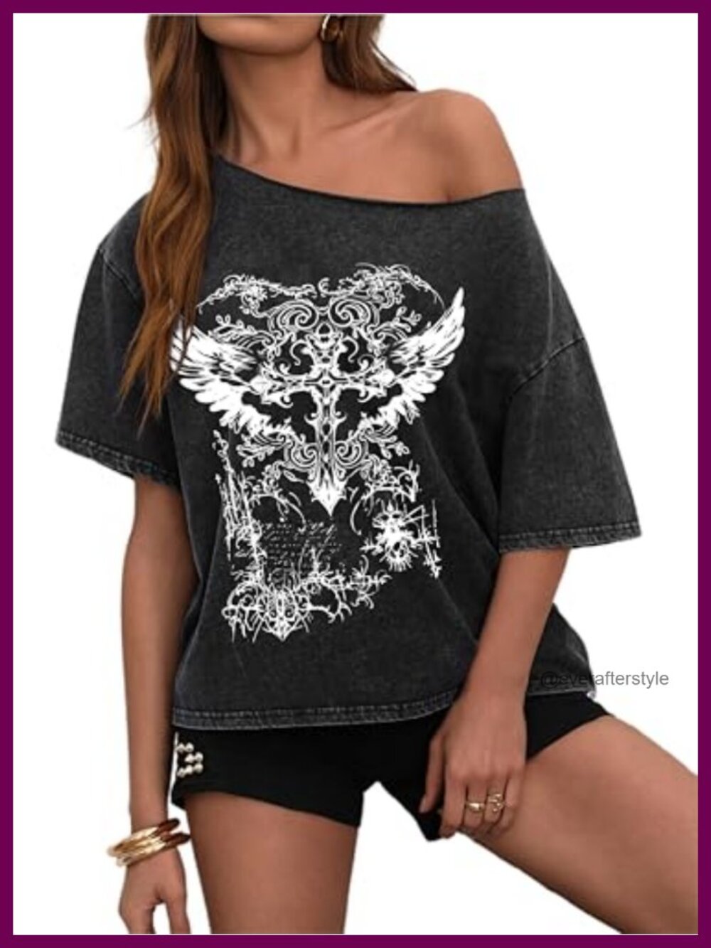 Women's Oversized Off Shoulder Graphic Tee Short Sleeve
